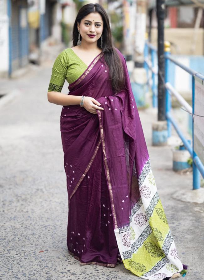 Soft Pure Chanderi Wine Traditional Wear Bandhani Print Saree